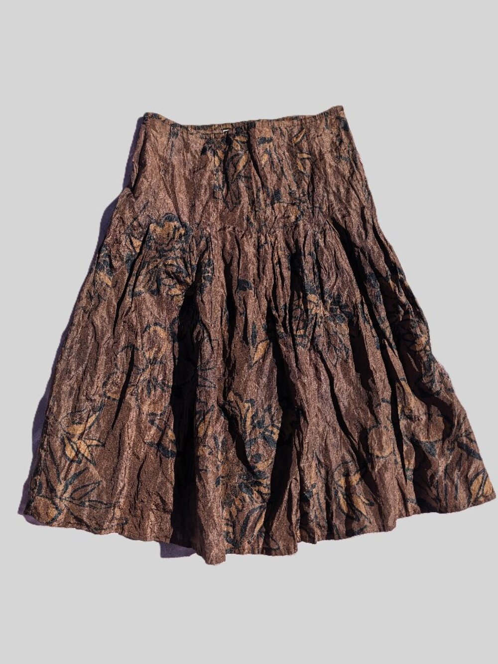 Vintage Metallic Brown Dark Floral Midi Skirt M Whimsigoth Crinkled A-Line Fairy